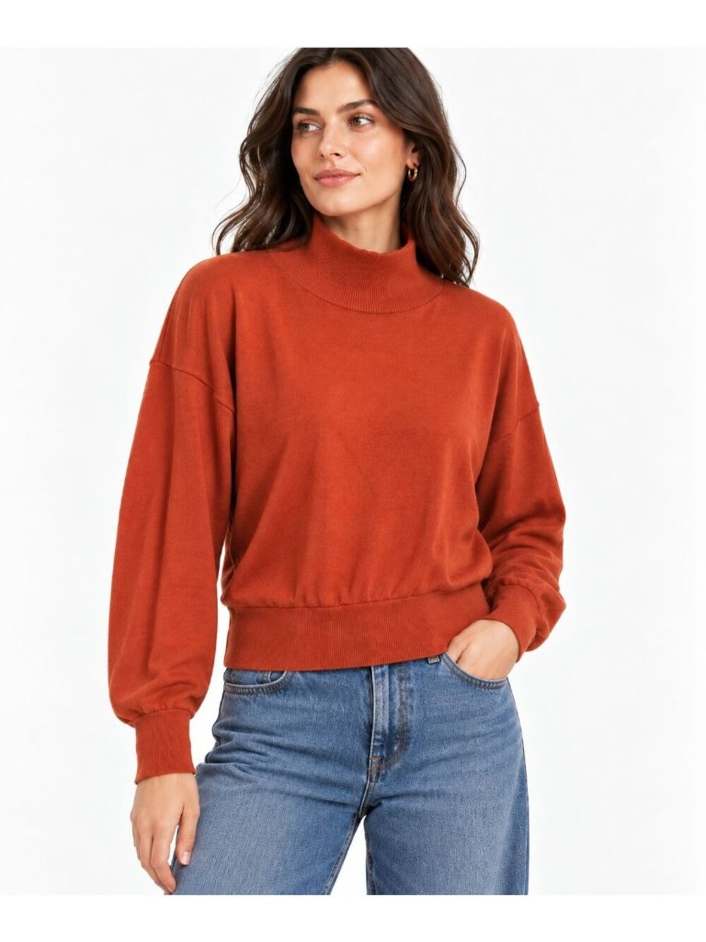 Babaton Mock Neck Rust Orange Sweater Medium Merino Wool Knit Long Sleeve Casual